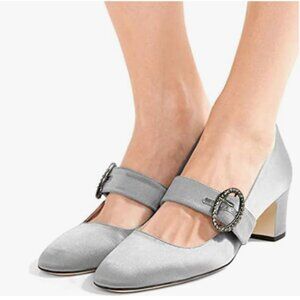 XYD Light Grey Vintage Retro Mary Jane Satin Round Toe Single Strap Buckle Pump
